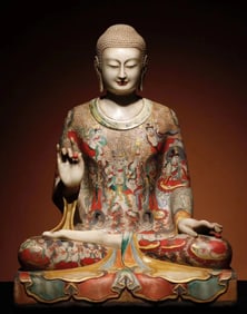 A Northern Qi white marble painted Buddha statue