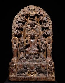 A Northern Qi bluestone painted Buddha statue