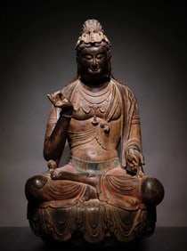A Tang Dynasty white marble painted statue of Guanyin