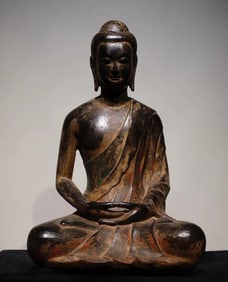 A Northern Qi bluestone painted Buddha statue
