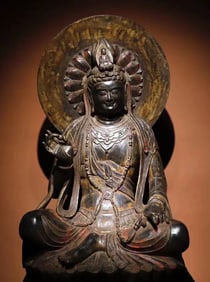 A Tang Dynasty bluestone painted statue of Guanyin
