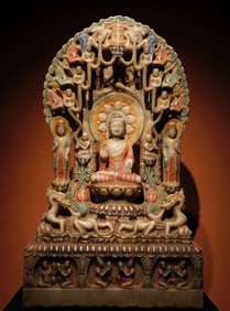 A Northern Qi white marble painted Buddha statue