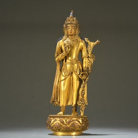 A Qing Dynasty bronze gilt Tibetan Guanyin ornament