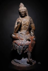 A Tang Dynasty bluestone painted statue of Guanyin