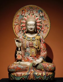 A Northern Qi white marble painted Buddha statue