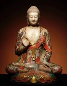 A Northern Qi white marble painted Buddha statue