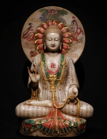 A piece of Northern Qi white marble painted Buddha statue (hand-painted Diamond Sutra)