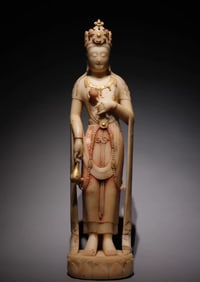 A piece of Northern Qi white marble gold painted Guanyin standing statue