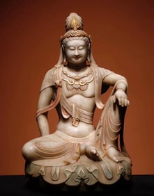 A Tang Dynasty white marble painted statue of Guanyin