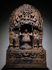 A Northern Qi bluestone painted Buddha statue