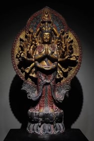 A bluestone painted statue of Thousand-armed Guanyin Buddha