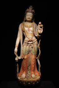 A Tang Dynasty white marble painted statue of Guanyin