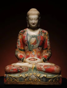 A Northern Qi white marble painted Buddha statue