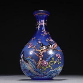A piece of Qing Qianlong blue material ware enamel color exchange magpie appreciation bottle