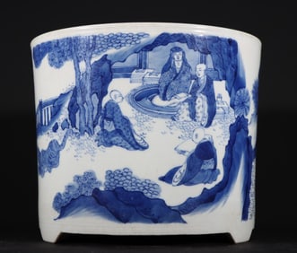 A Qing Dynasty Kangxi blue and white eighteen Arhat pen holder