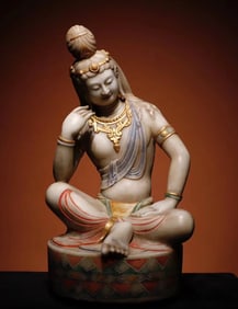 A Tang Dynasty white marble gilt painted Guanyin Buddha statue