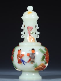 A Hetian jade inlaid Baibao baby play picture amphora