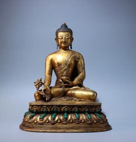 One piece of bronze gilt inlaid with turquoise Shakyamuni Buddha