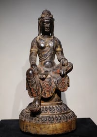 A Tang Dynasty bluestone painted statue of Guanyin