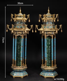 A pair of cloisonné inlays and Tian jasper pavilions