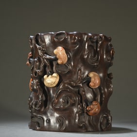 A Qing Dynasty rosewood inlaid hibiscus stone carving Ruyi pattern pen holder