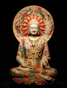 A Northern Qi white marble painted Buddha statue