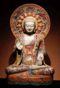 A Northern Qi white marble painted Buddha statue