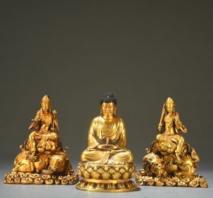 A set of bronze gilt Huayan three holy Buddha statues