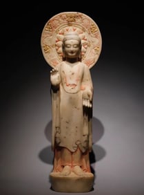 A piece of Northern Qi white marble gold painted Bodhisattva standing Buddha