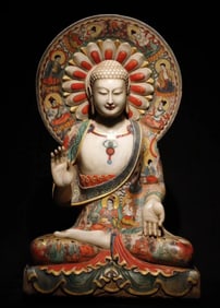 A Northern Qi white marble painted Buddha statue
