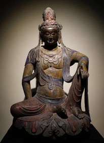 A Tang Dynasty bluestone painted statue of Guanyin