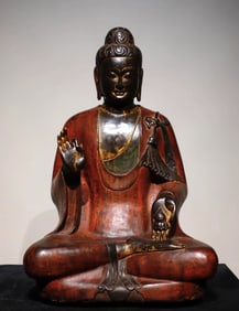 A Northern Qi bluestone painted Buddha statue