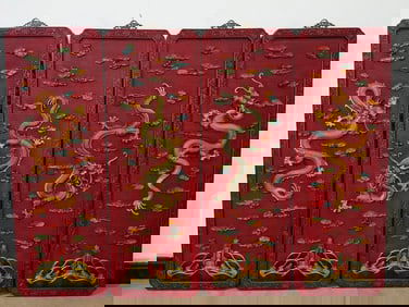 A set of exquisitely cut red sea dragon four screens
