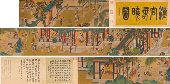 A fine long scroll on silk of the Spring Dawn of Qiu Yinghan Palace