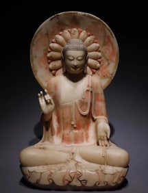 A Northern Qi white marble painted Buddha statue
