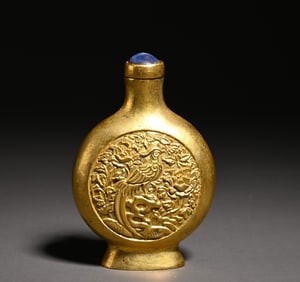 A bronze gilt flower and bird snuff bottle study ornament