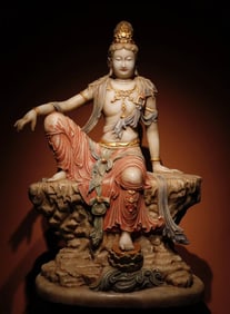 A Song Dynasty white marble painted statue of Guanyin