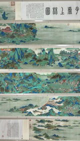 A painting of Qiu Ying's painting on a fine long scroll on silk