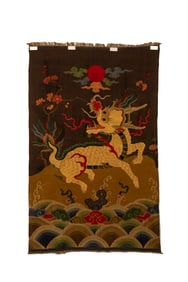 A piece of silk gold thread unicorn embroidery