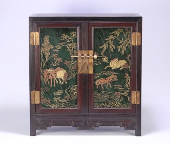 A piece of Qing Dynasty red sandalwood inlaid Hetian jasper "Horse Map" storage cabinet