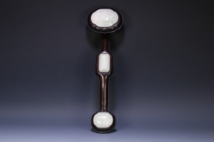 A piece of rosewood inlay and Tian jade dragon pattern Ruyi ornament