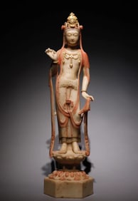 A piece of Northern Qi white marble gold painted Guanyin standing statue