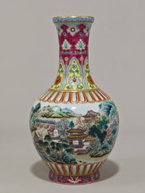 A piece of the Qianlong year of the Qing Dynasty pastel carmine pattern windowed landscape pattern