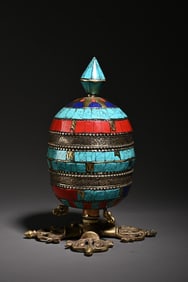 A copper-gilt turquoise prayer wheel study ornament