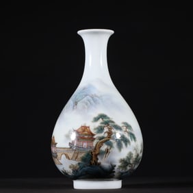 A piece of Qing Dynasty Yongzheng enamel color landscape pavilion jade pot spring vase