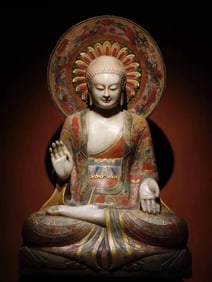 A Northern Qi white marble painted Buddha statue