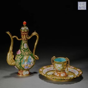 Qing Qianlong bronze gilt painting enamel Westerner pot plate cup