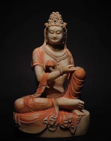 Tang Dynasty white marble painted holding lotus Guanyin