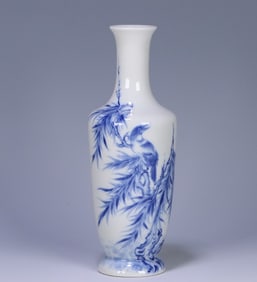 An old collection of Wang Bu blue and white willow warbler appreciation bottle