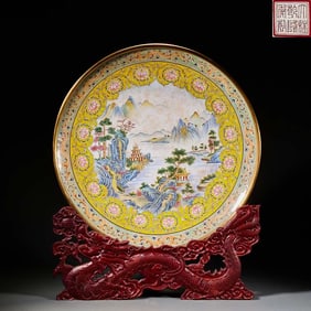 Qing Qianlong bronze tire painting enamel landscape pattern appreciation plate